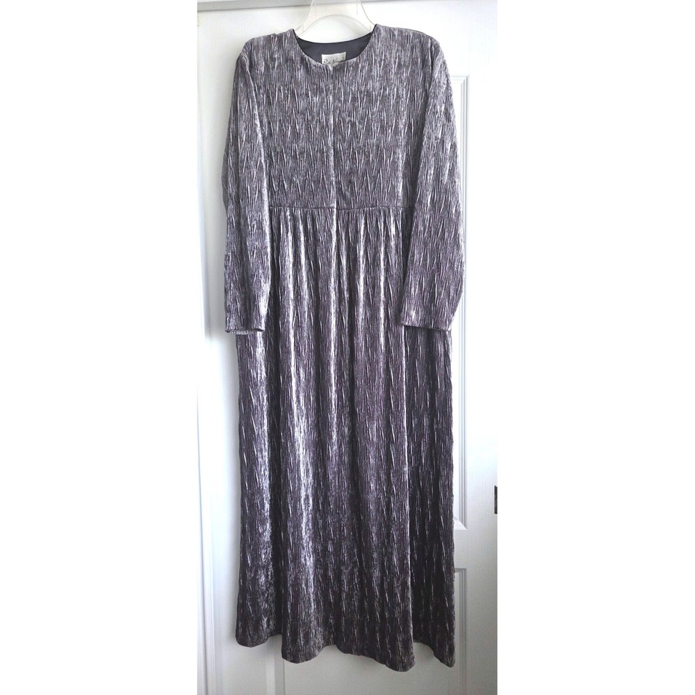 VTG Ruth Norman Neiman Marcus Crushed Velvet Maxi Dress Silver Long Sleeve S